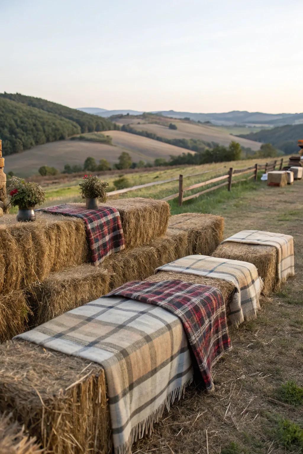 Rustic fodder bundle seating for a harvest gathering.