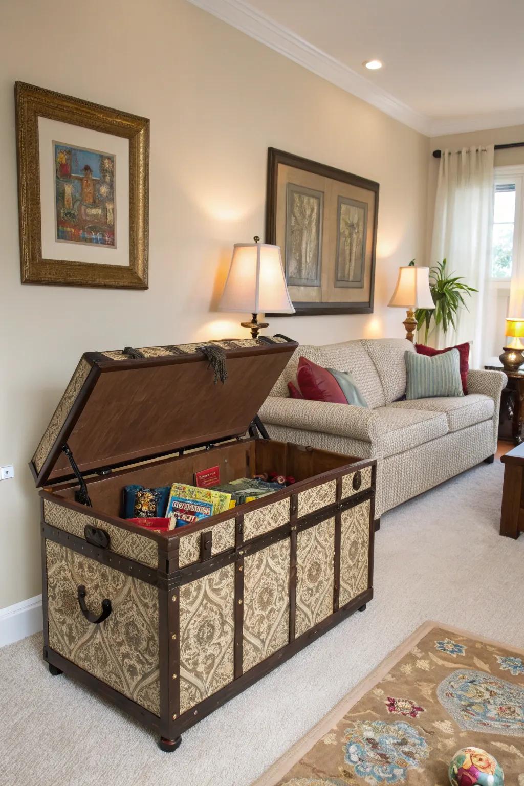 Decorative trunks offering stylish toy storage.
