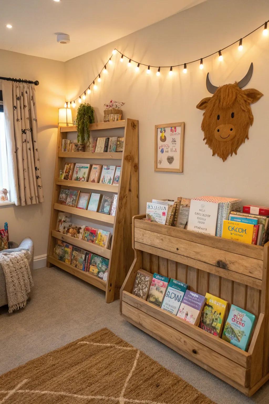Country-style shelving units present beauty and practicality.