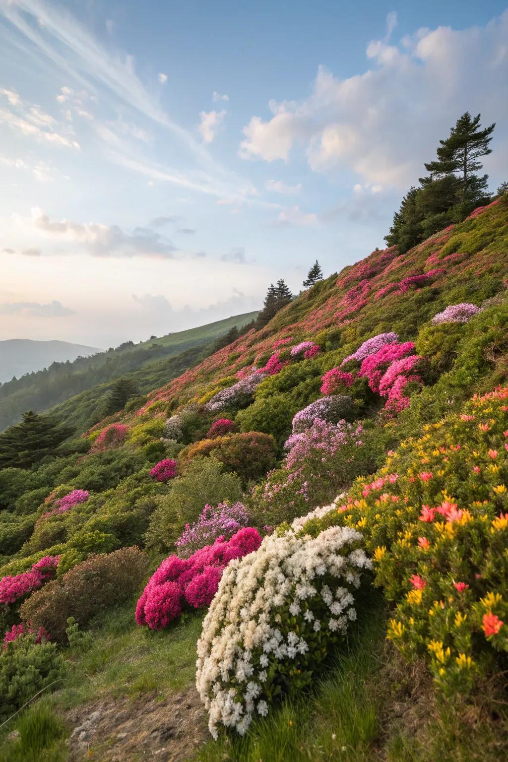 Flowering bushes add year-round color and intrigue to hillside gardens.