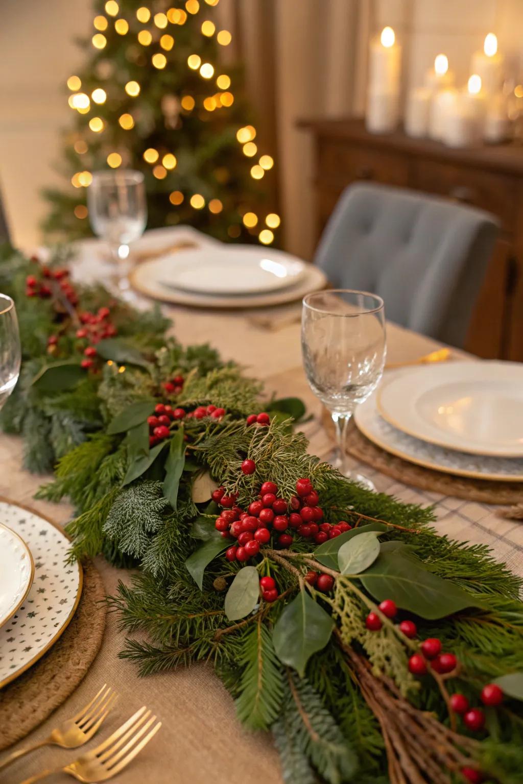 A holiday garland contributes abundant greenery to your table arrangement.