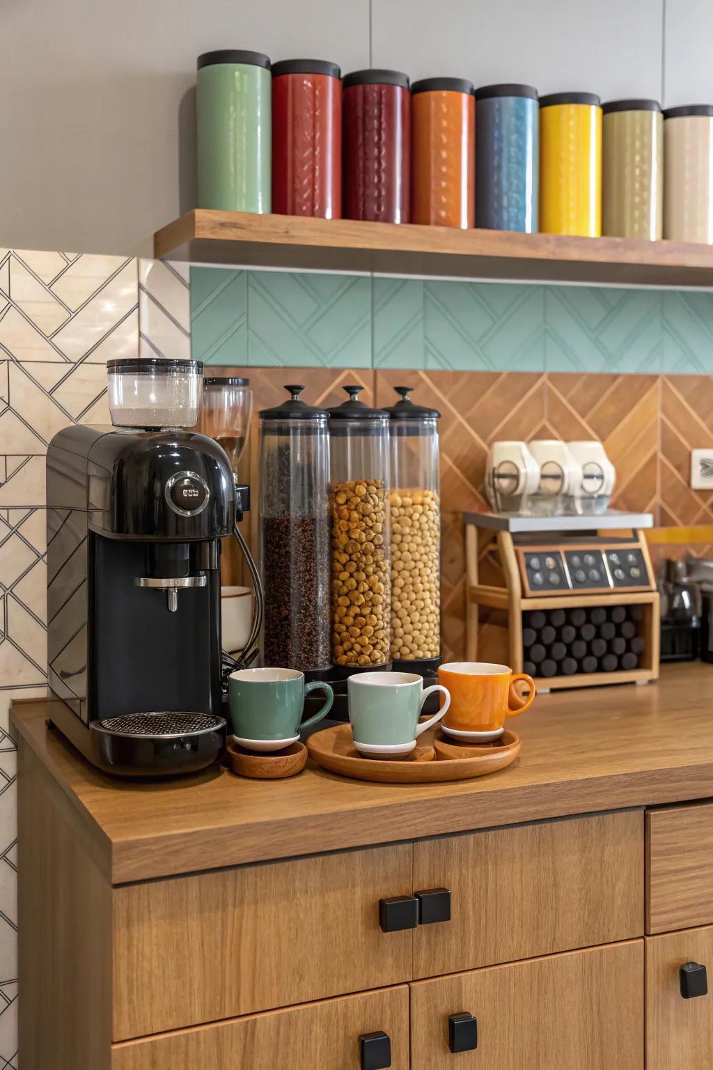 Coordinating colors creates a harmonious and cohesive coffee station.