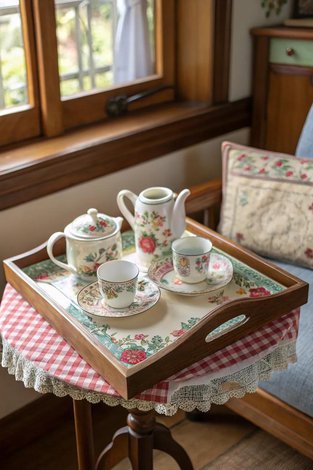 A hand-painted tray introducing color and charm to a breakfast area.
