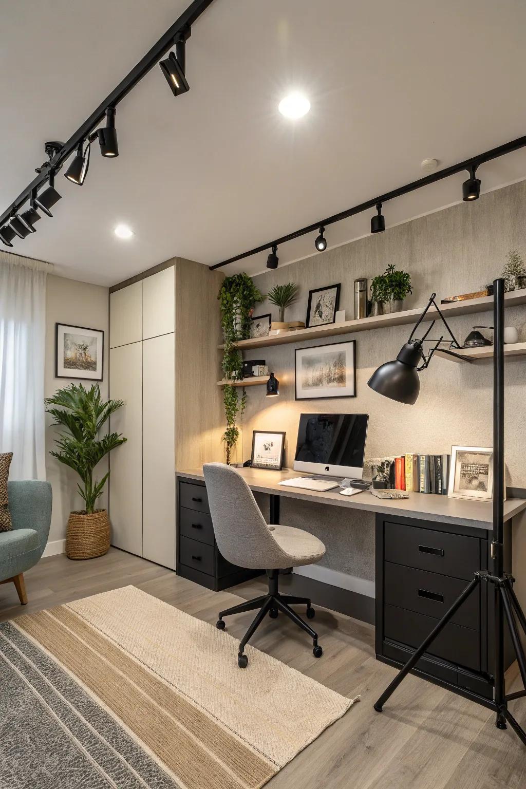 Track lights offer adaptable illumination for versatile workspaces.