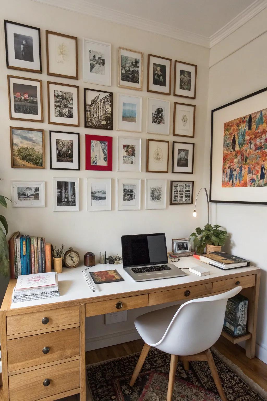 A personal gallery wall adds inspiration and warmth to a home office.