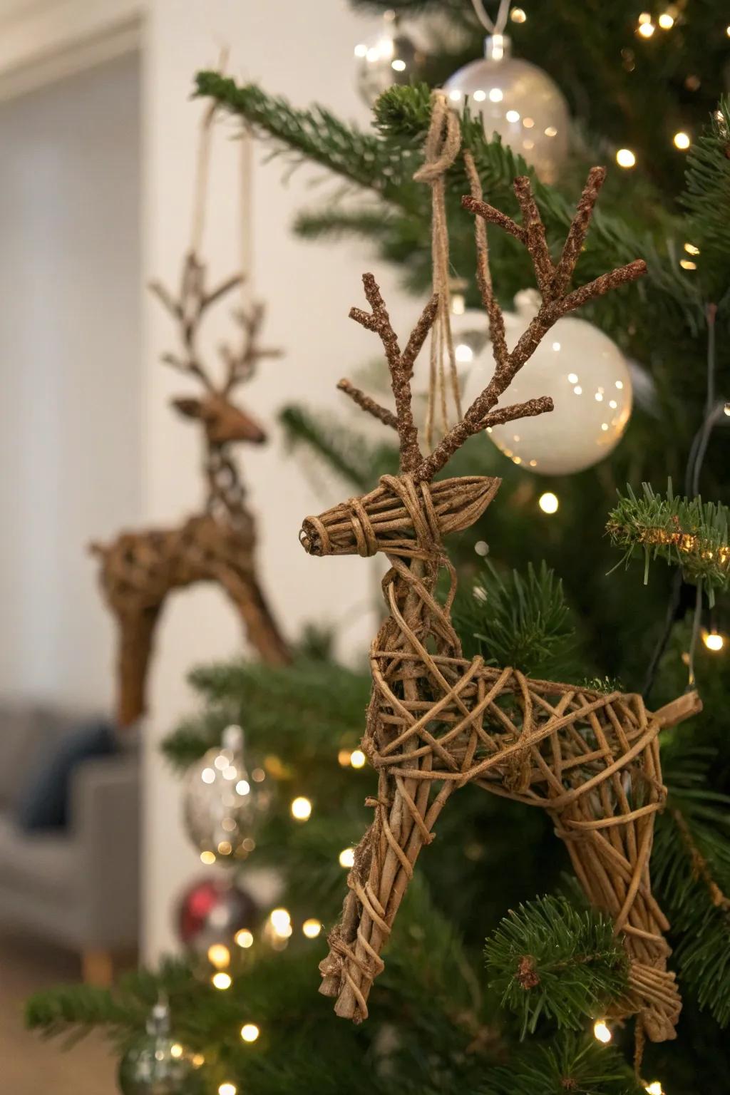 Rustic branch reindeer decorations adding a woodland feel to the festive decorations.