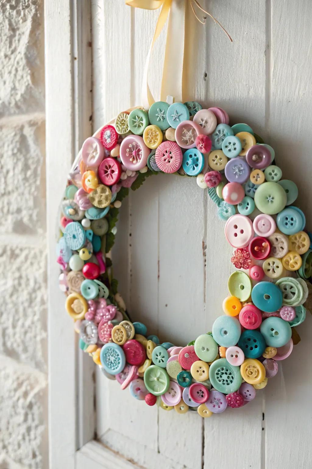 Add a burst of color and whimsy to your space with this charming fastener wreath, perfect for a touch of playful elegance.