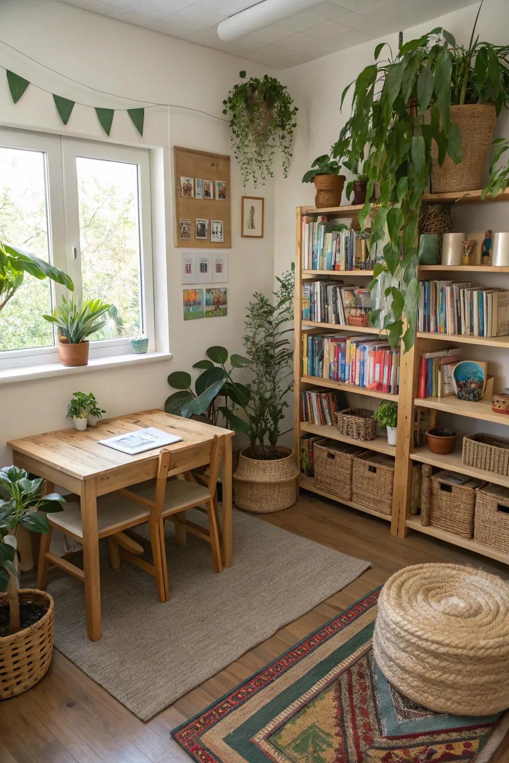 Nature elements bring calm and freshness to your homeschool room.