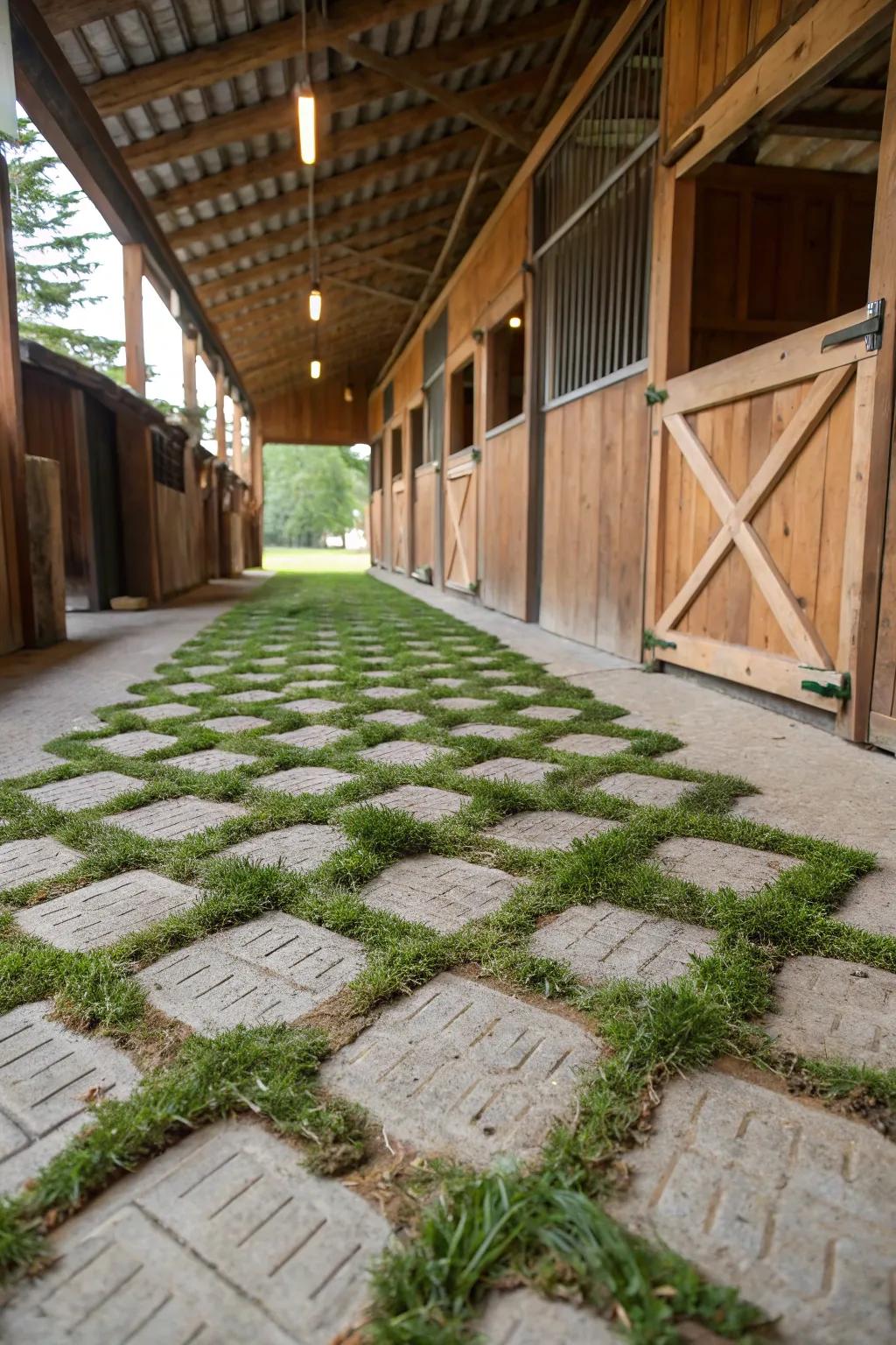 Grass pavers deliver a unique mix of stability and natural beauty in barn passageways.