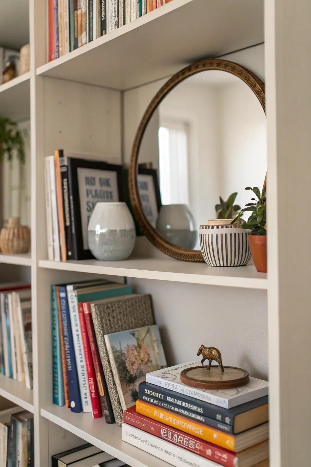 Bookshelf featuring a mirror that appends magnitude and reflection.