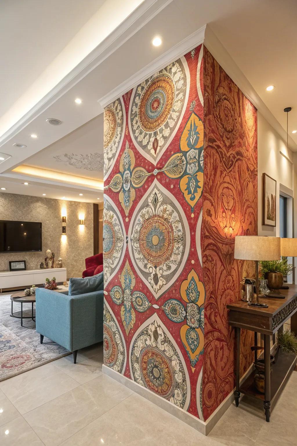 Surface covering brings pattern and individuality to any expansive wall area.