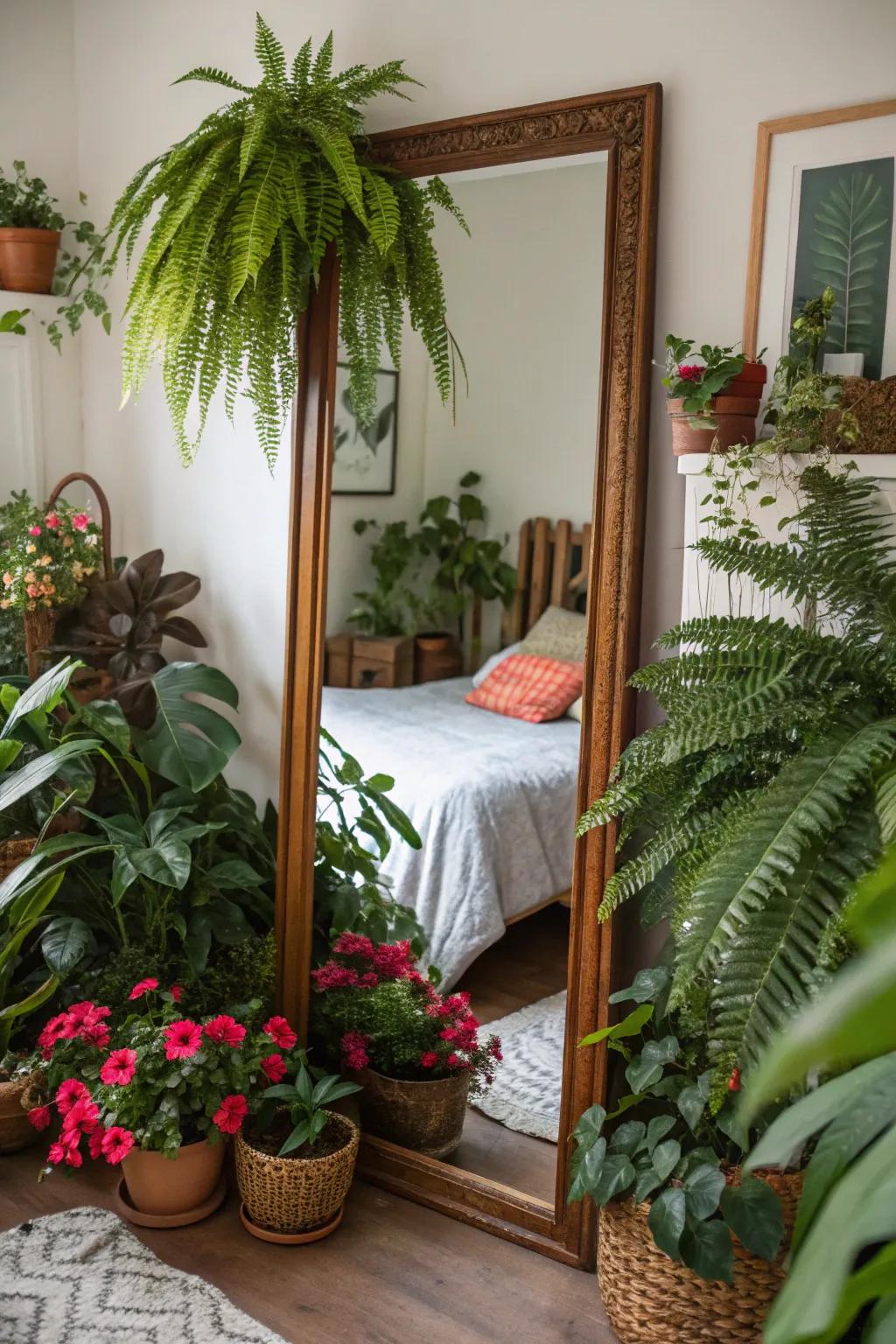 Foliage enhances the natural beauty of mirrors, creating serene spaces.