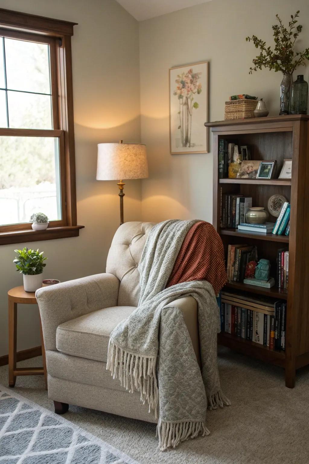 A reading alcove proffers a snug escape within the living room.