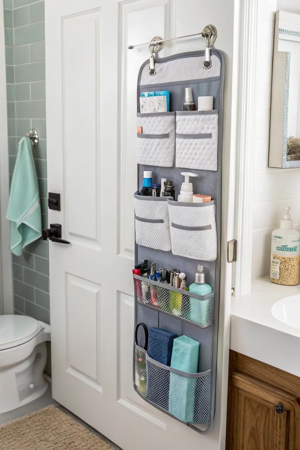 A bathroom that has a door organizer that increases storage.