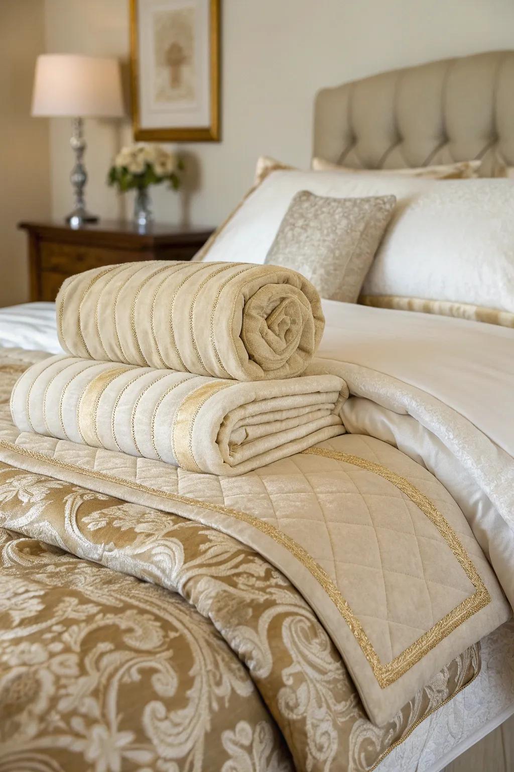Layered bedclothes offer a plush and appealing sensation.