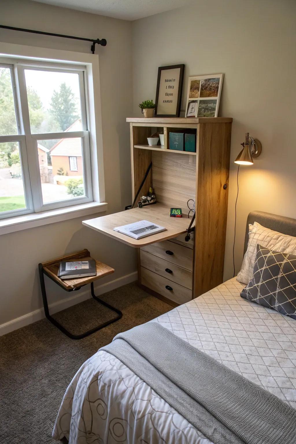 A folding desk providing a flexible workspace.
