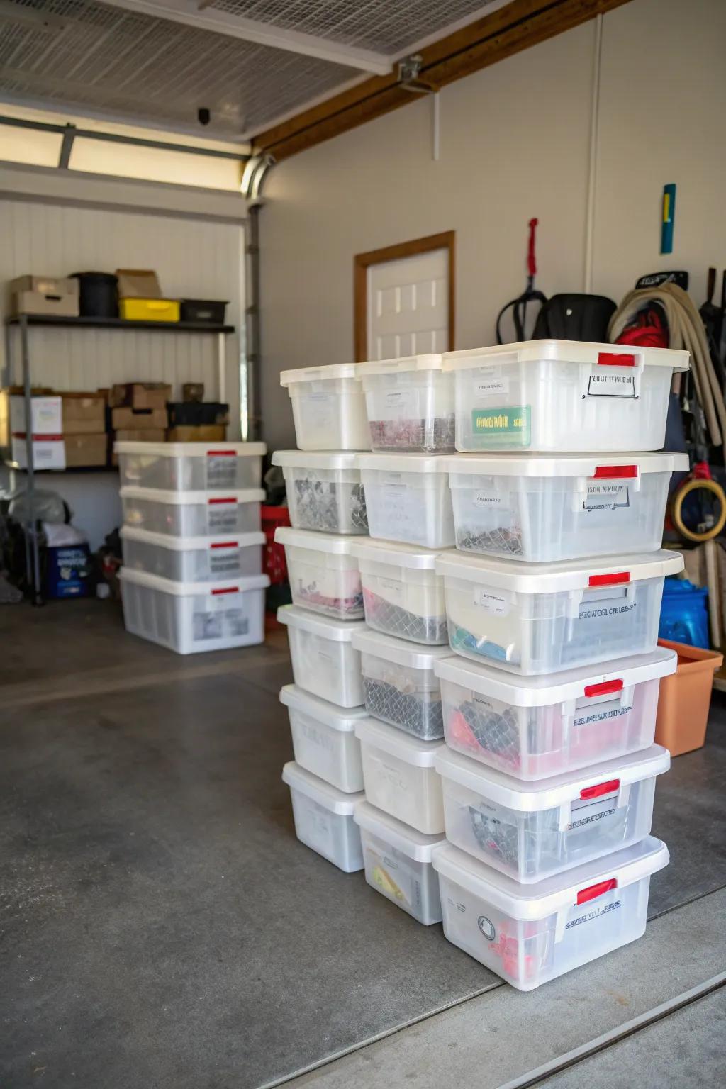 Stackable containers use the storage area's vertical space.