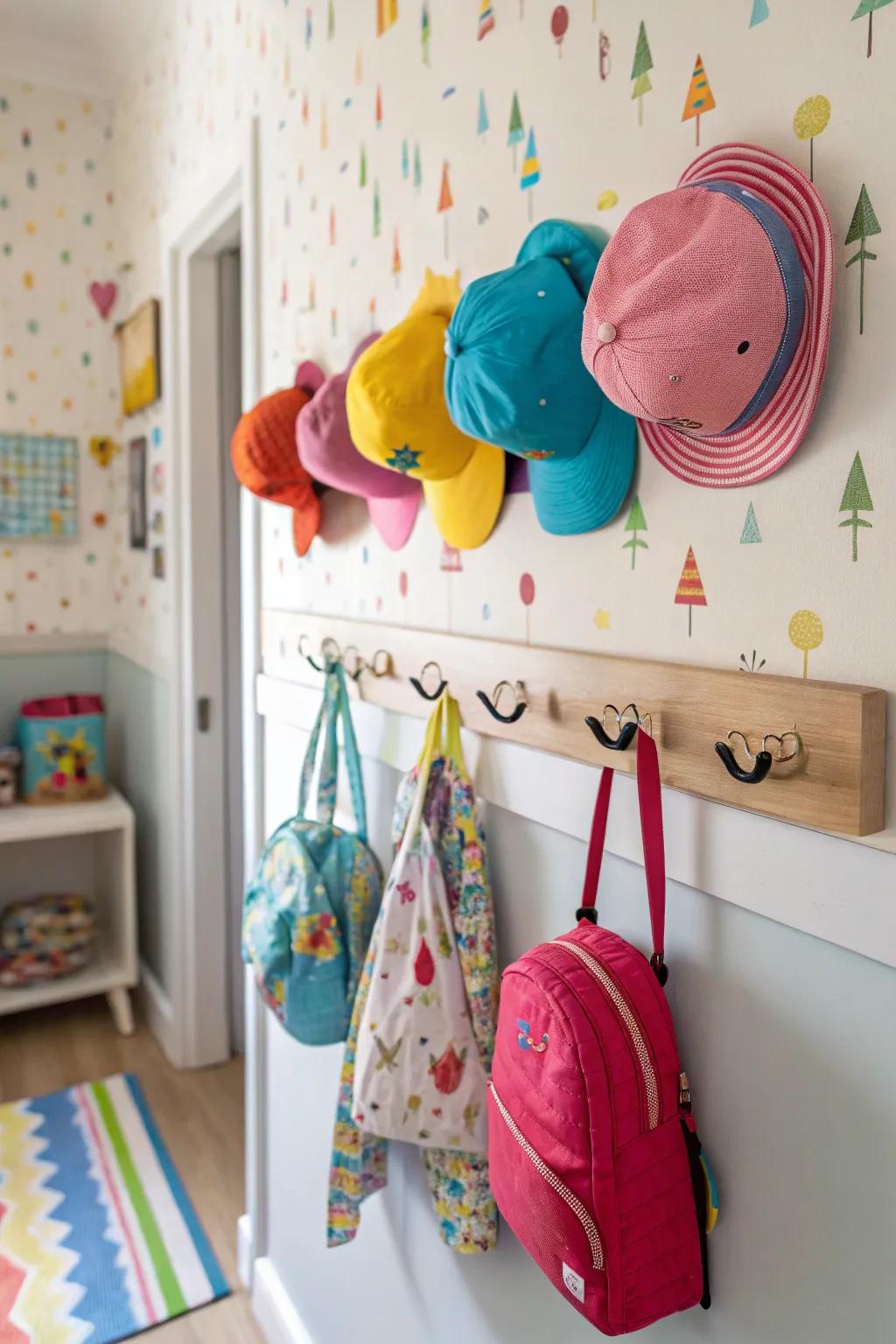 Wall pegs for accessories keep things tidy and within reach.