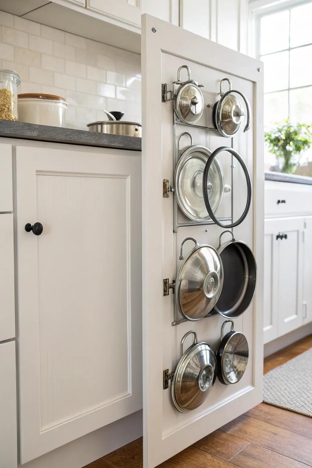 Suspending pot lids on doors saves valuable cabinet space.
