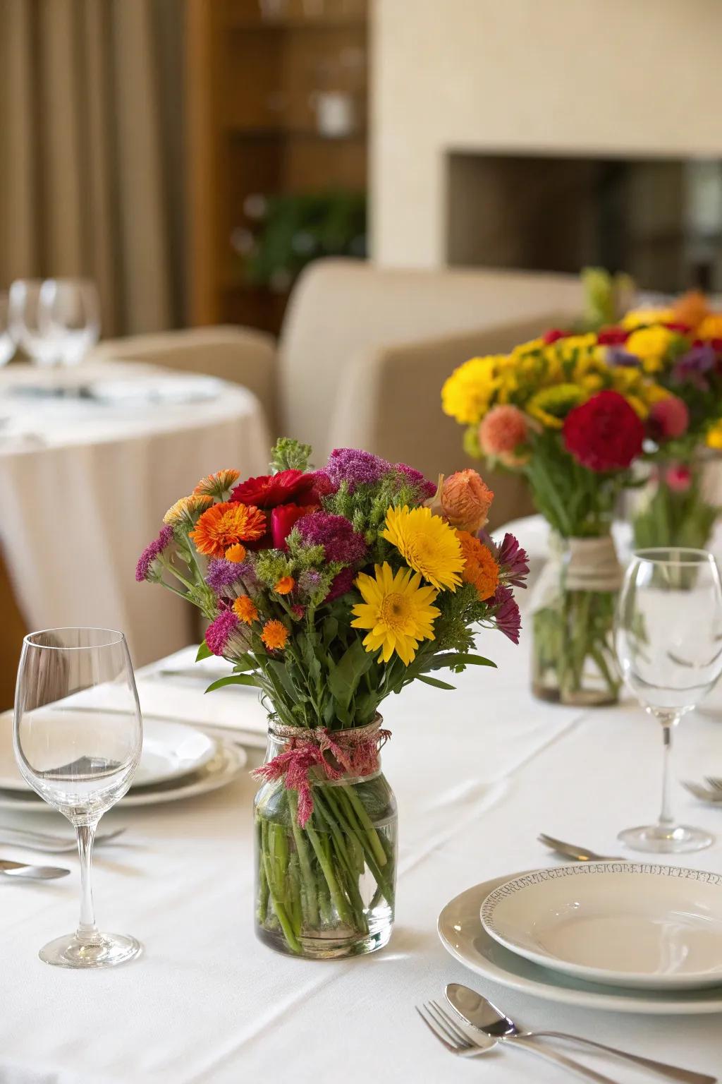 Trim bouquets within petite bloom holders impeccable for table configurations.