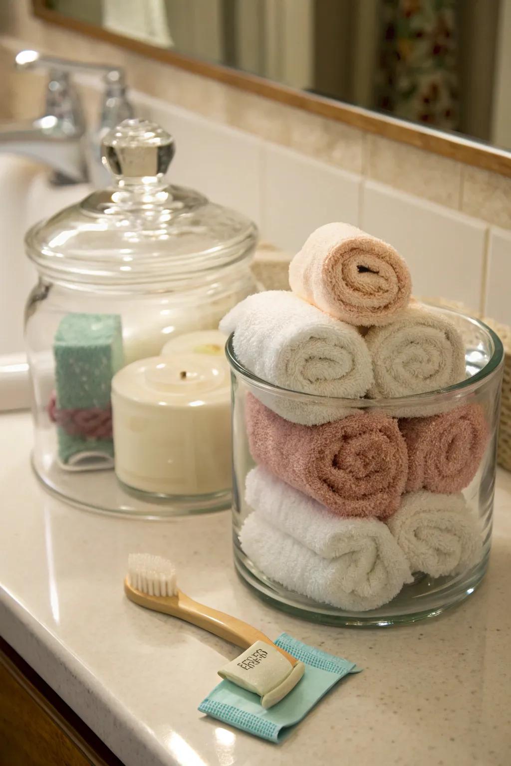 Crystal casings make for stylish and functional towel storage.
