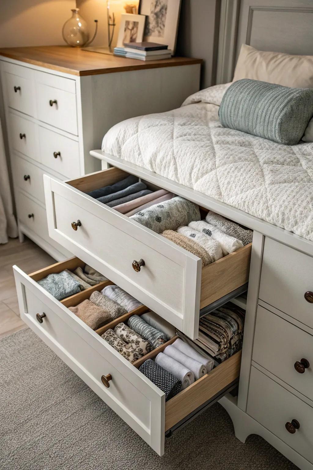 Comforters stored in the deep drawers of a dresser.
