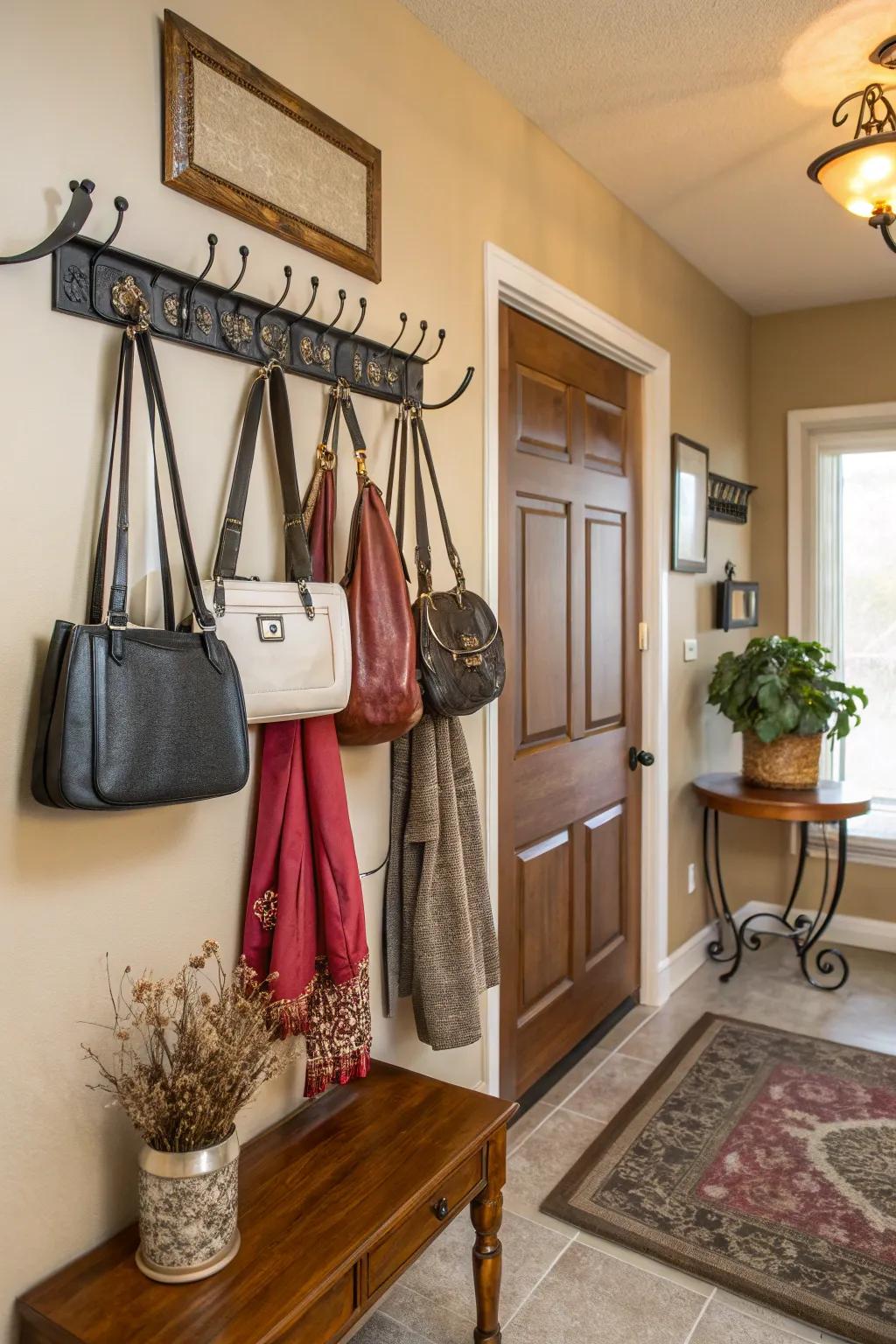 A coat rack doubling as a chic purse storage solution.