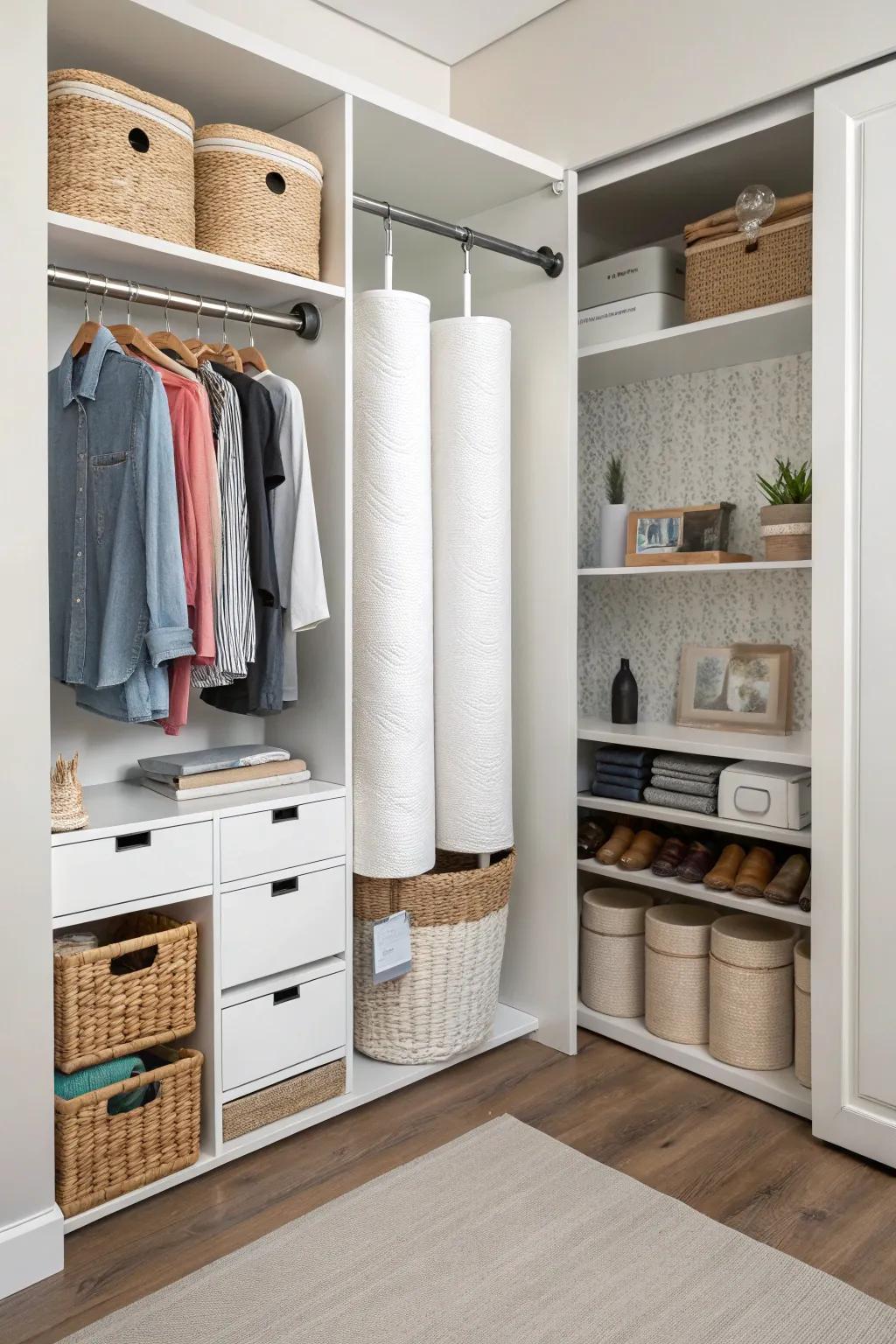 Extendable rods effectively store tissue paper rolls inside a closet.