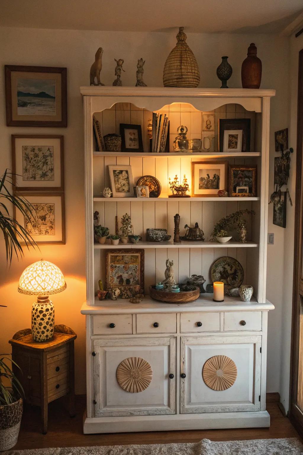 Artistic touches bring creativity to this cabinet display.