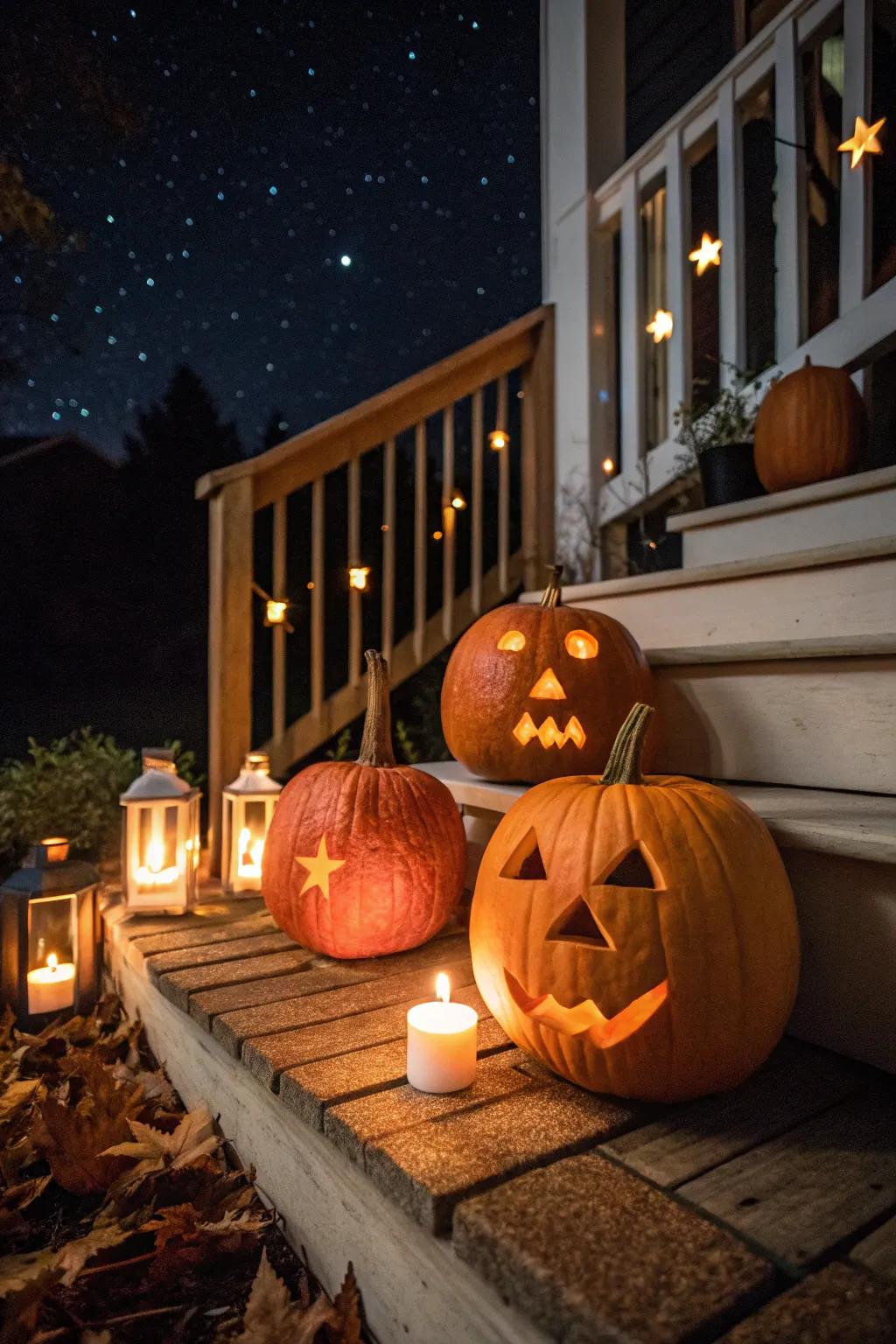 Candlelit pumpkins crafting a warm and inviting glow at night.