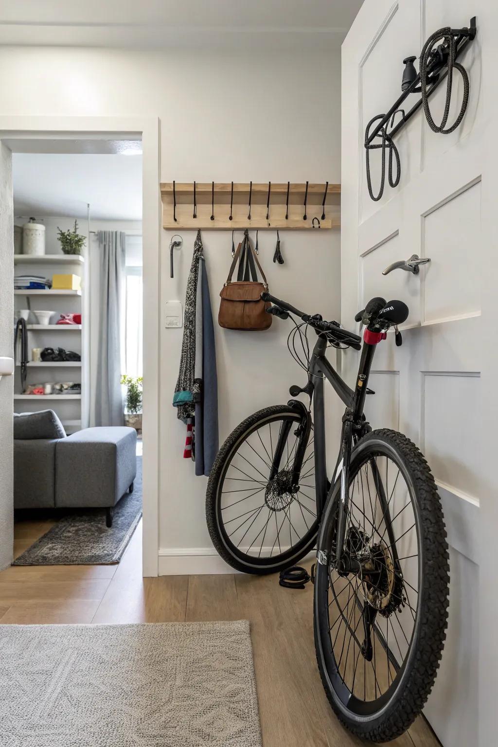 Hooks behind doors offer discreet bike storage.