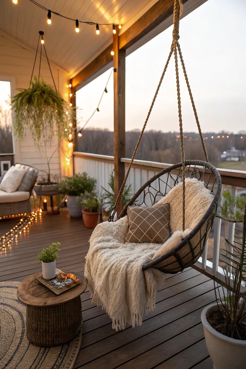A hanging seat introduces a playful element to this indoor deck.
