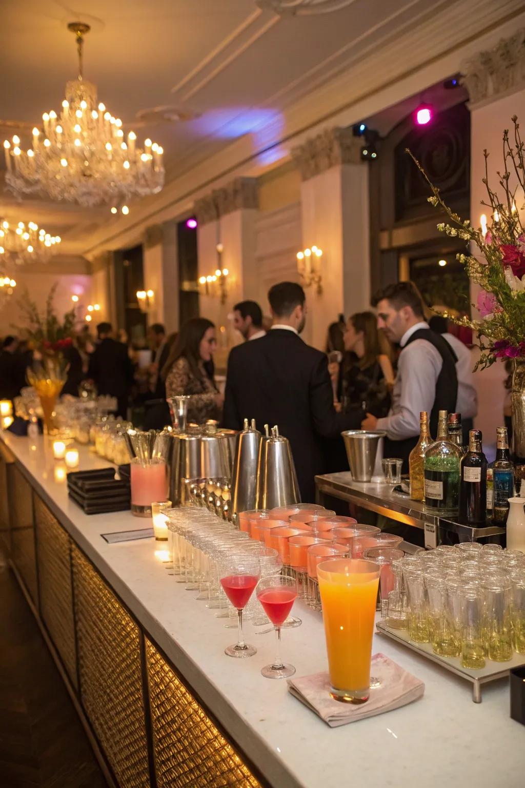 A sophisticated indoor celebration featuring a chic cocktail bar.