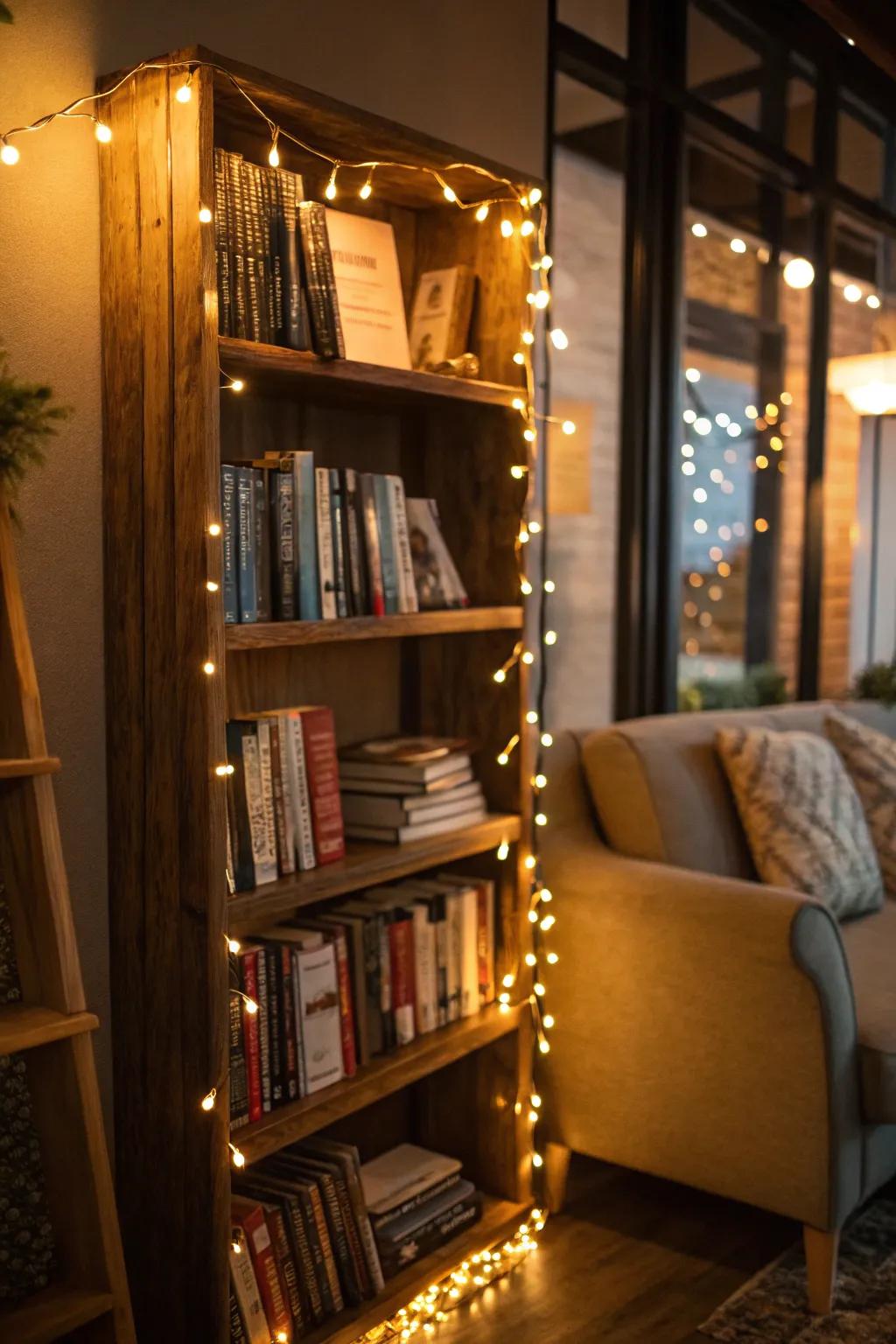 Fairy lights will highlight your bookshelf and make it a cozy nook.