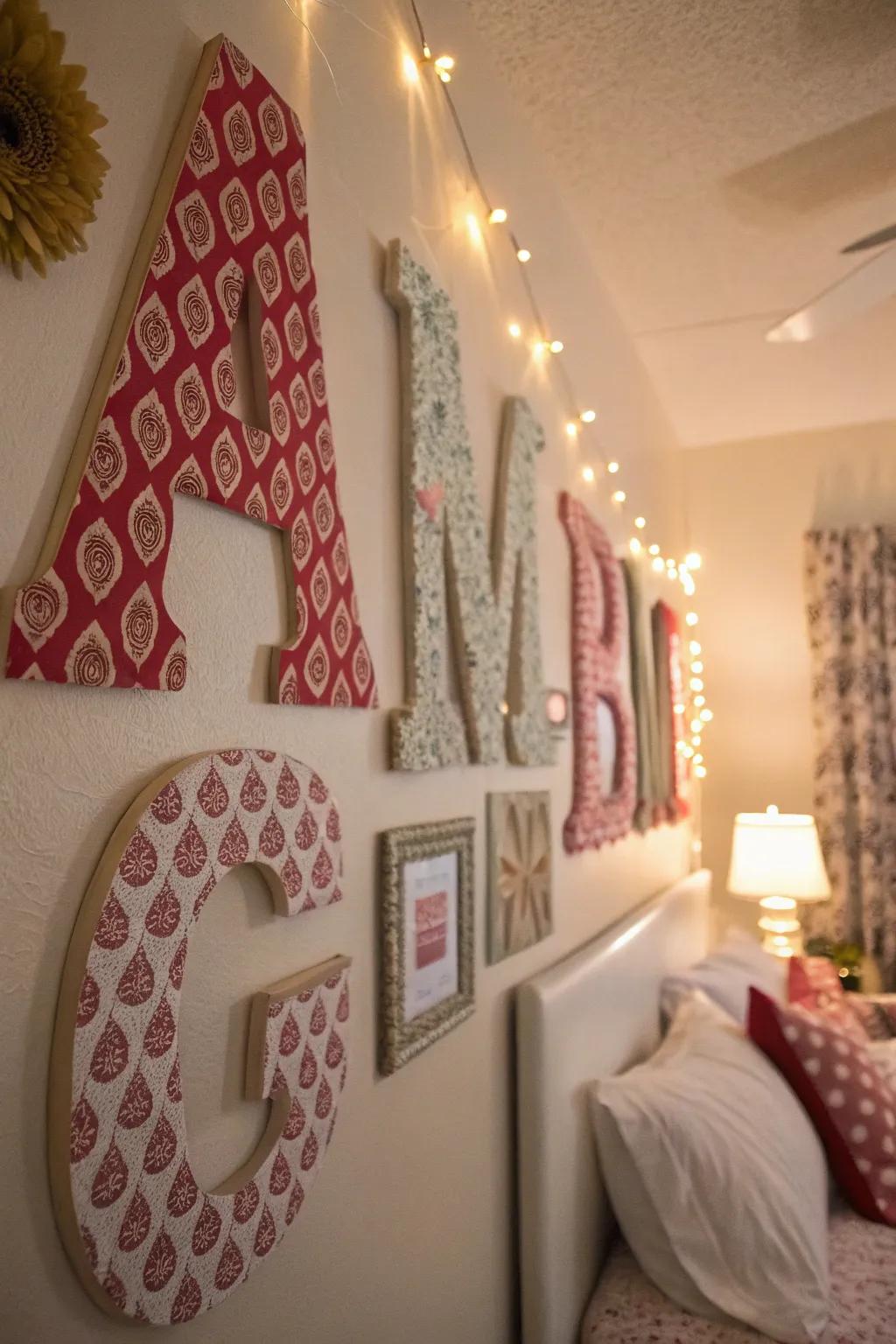 Material-wrapped letters bring warmth and texture.