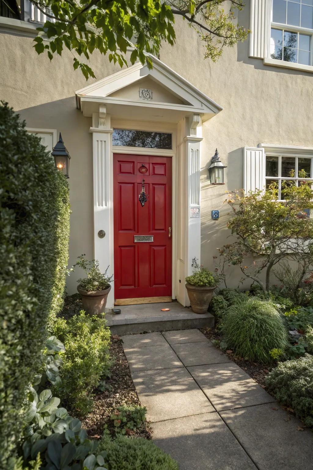 A classic red door radiates warmth and timelessness.