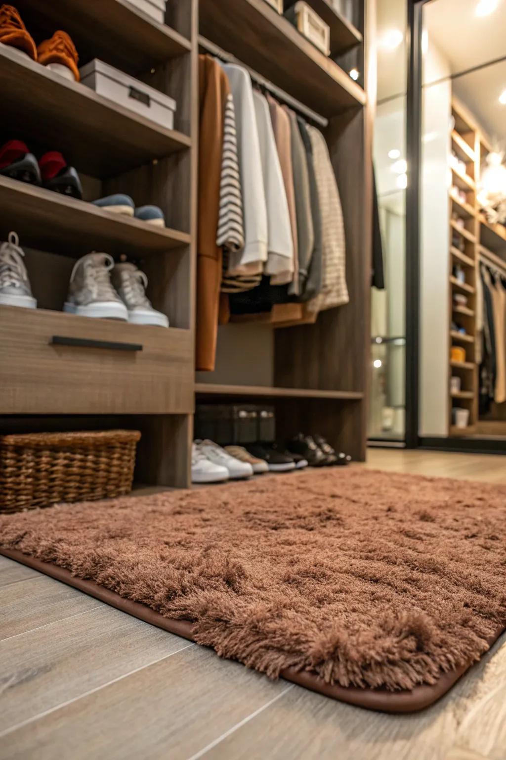 Introduce warmth and comfort with a cozy rug in your closet.