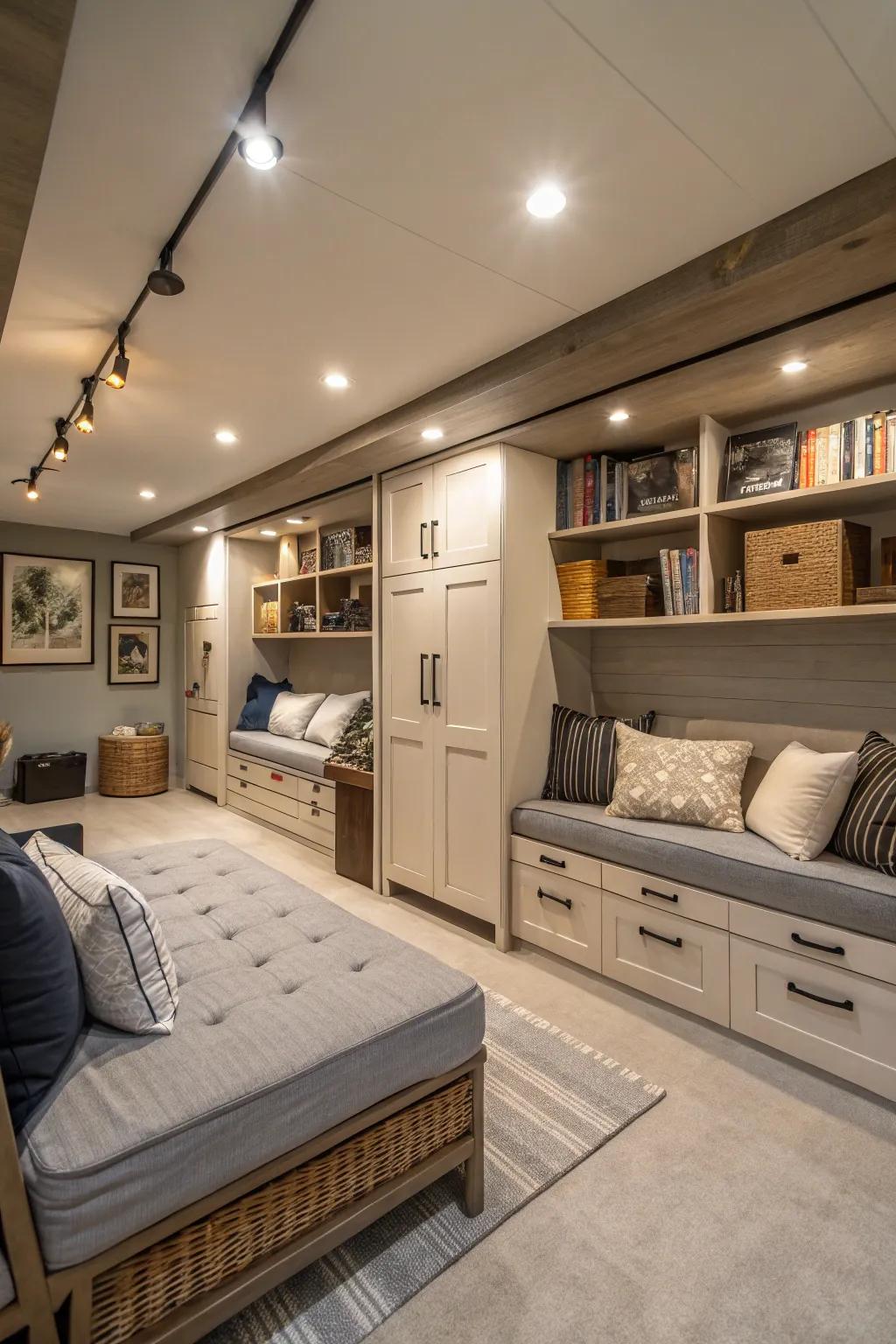 Versatile furniture optimizes space and functionality in below-ground settings.