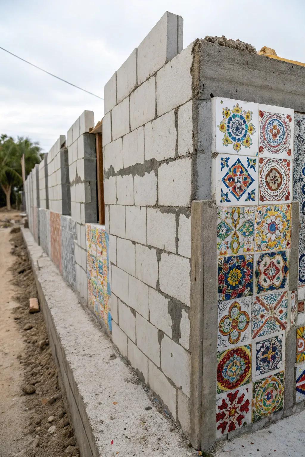 Patterned designs make a bold statement against a concrete block wall.