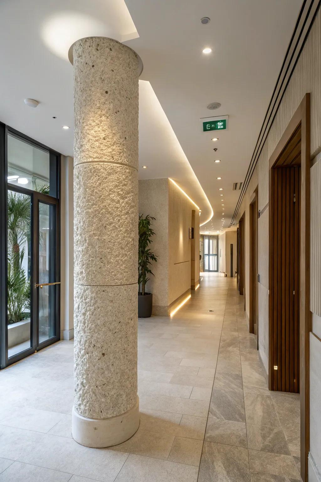 Rough coatings add dimension to columns.