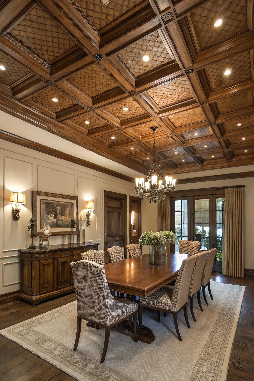 A luxurious dining room enhanced by a coffered ceiling.