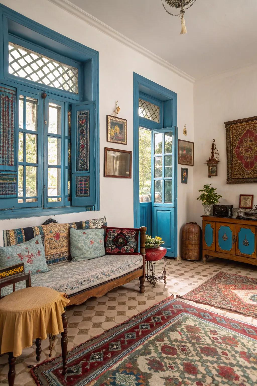 Classic blue frames create a charming retro mood.