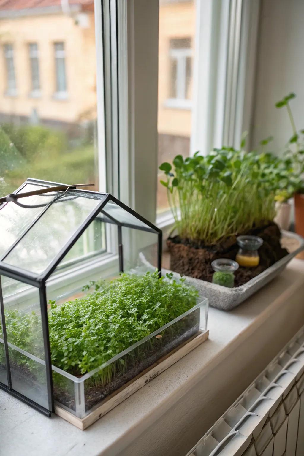 A miniature hothouse upon your sill introduces charm and verdant accents.