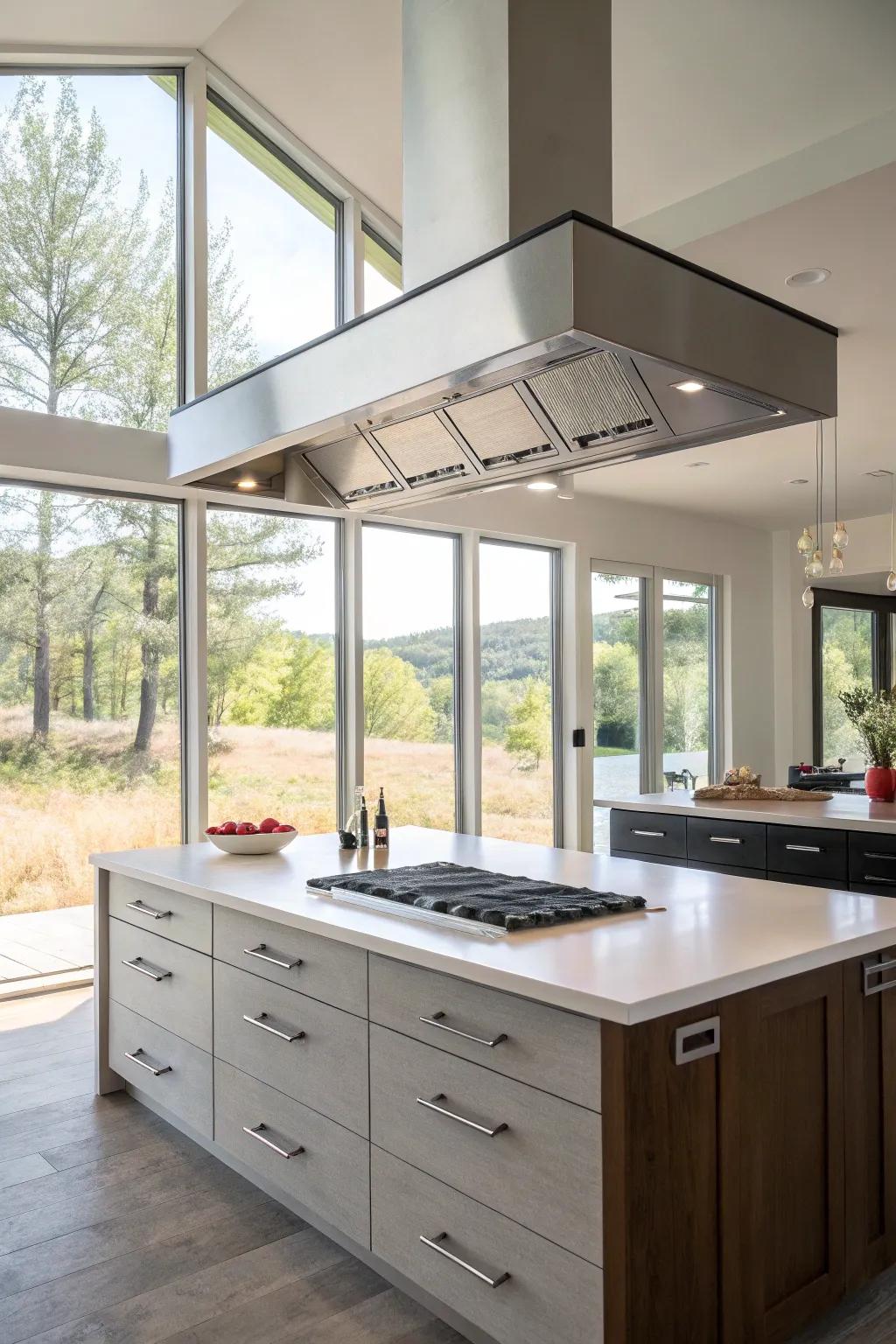 Floating ventilation hoods give a light and spacious feel to kitchens.