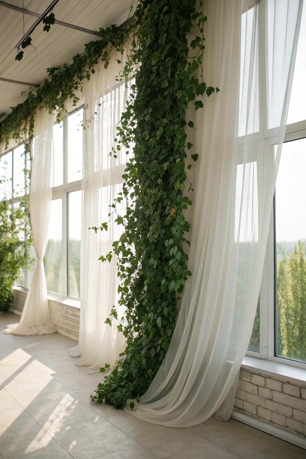 A fairy tale ivy wall paired with sheer curtains for a dreamy atmosphere.