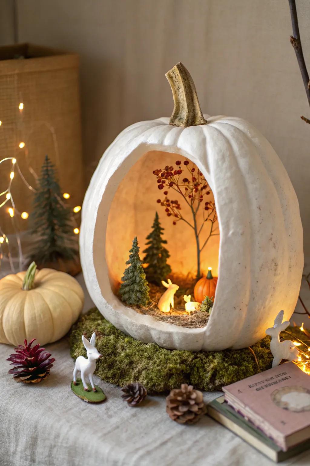 Uncover the enchantment within with this delightful Pumpkin Scene &ndash; a miniature realm that inspires joy and wonder!