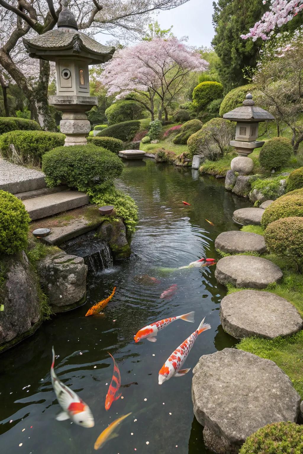 A vibrant koi pool injecting vitality into a Japanese garden.