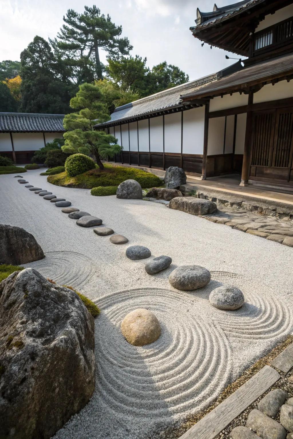 A dry rock garden featuring carefully arranged rocks.