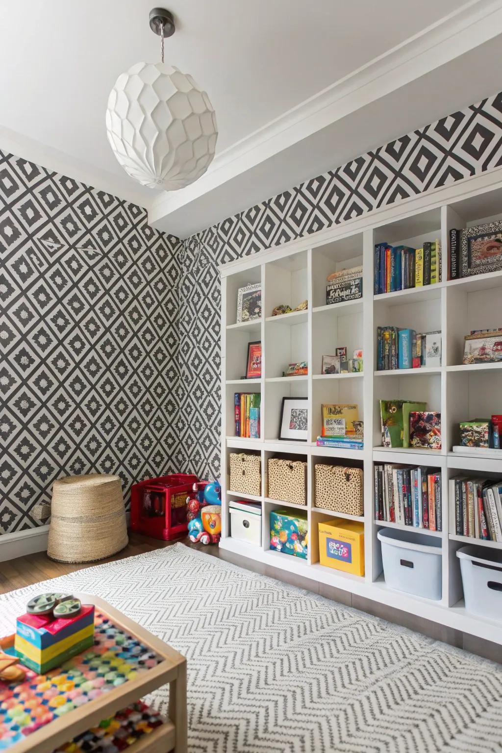 A playroom with black and white monochrome wall covering, striking and versatile.