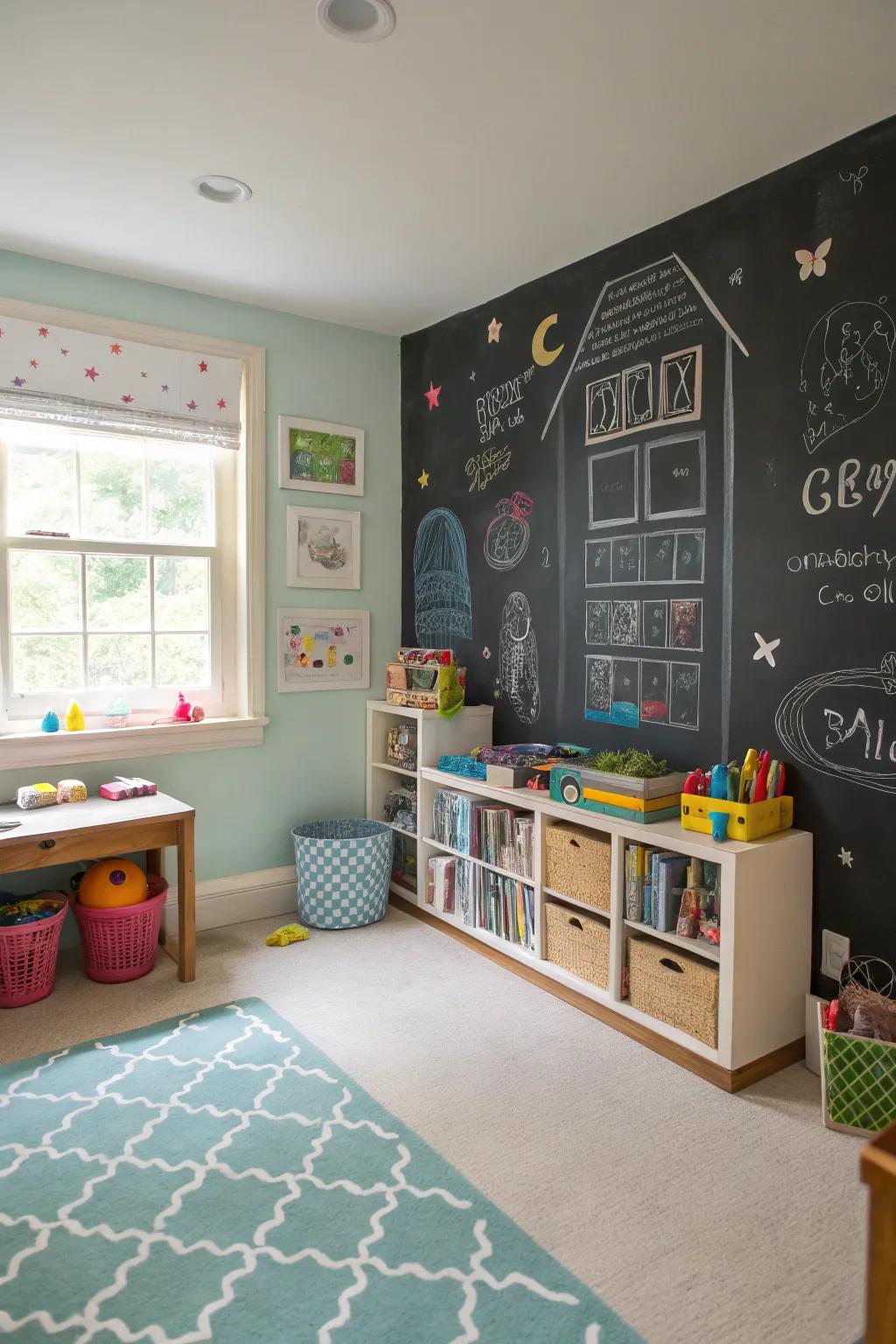 Blackboard walls encourage creativity and interactive play.